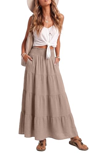 Lepunuo Womens Boho Casual Maxi Skirts Flowy Elastic High Trendy Waisted A-Line Long Skirts with Pockets Beach Vacation