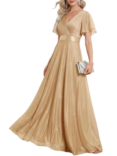 Image of Ever-Pretty Women's Summer Glitter Formal Dresses Evening Gown V Neck Short Sleeves Floor Length Mother of Bride Dress 50159
