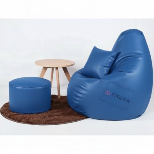 Image of 4XL Bean Bag Cover with Foot Stool & Cushion Cover | Premium PVC Leatherette | Double Stitched | 6 Months Warranty (Beans Required) Color- (Royal Blue)