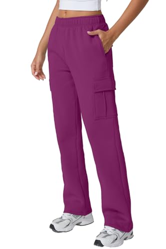 Image of QINSEN Baggy Medium Waist Elastic Sweatpants for Womens Casual Long Fleece Cargo Pants with Pockets