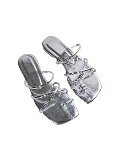 Image of GORGLITTER Women's Metallic Strappy Sparkly Square Toe Cute Dressy Sandals | Sandals Women Comfortable, Dressy Sandals, Slip on Slides, Rose Gold Slipper, Summer Slides