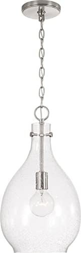 HomePlace by Capital Lighting 349011BN Brentwood Transitional Rustic Hand-Blown Seeded Glass Teardrop Pendant Light Fixture, 1-Light 100 Watt, 18" H x 10" W, Brushed/Satin Nickel