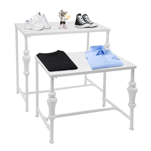 banborba Metal Shoe Handbag Display Stand, 2 Piece Modern Nesting Tables, Heavy Duty Display Riser Shelf for Retail Stores, Carbon Steel - White