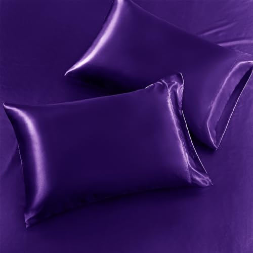 Image of SiinvdaBZX 3-Piece Set Satin Queen Fitted Sheet & 2 Pillowcase, Purple Silky Soft Fitted Bottom Sheet, Wrinkle Free, Fade Resistant, Deep Pocket Bed Sheet (Deep Up to 15 inch)
