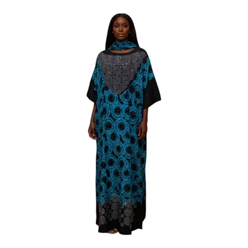 Elegant African Traditional with Rhinestone Boubou Dress for Women (Blue)