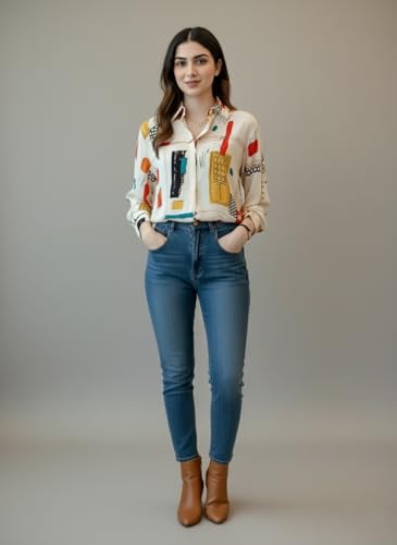 Image of Trendy Queen Women's Printed Straight Mandarin Neck Shirt for Women's | Tops for Woman Shirts | Shirt for Women Stylish Western (SD778 S)