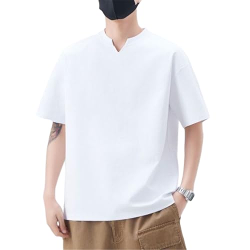 Men's Split Mandarin Collar Short Sleeve T-Shirt Breathable Business Casual Office Tops-White-X-Large