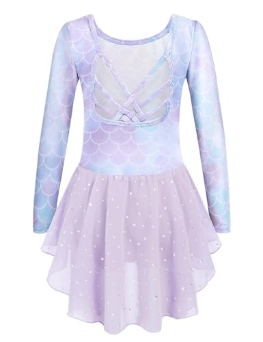 Image of Arshiner Girls Long Sleeve Ballet Leotards with Shinny Skirts Criss-Cross Back Dance Dresses