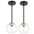Emak 2 Pack Black and Gold Pendant Light Fixtures, Modern 7 Inch Globe Pendant Lights Kitchen Island with Clear Glass Shade, 1 Light Hanging Lights for Kitchen, Bedroom, Bathroom, PL119-BKBGD-2PK