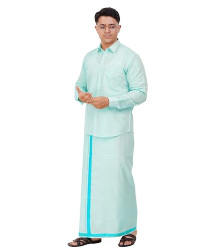 Image of Men's Traditional Indian Shirt and Dhoti Set, Full Sleeves Tissue Silk Cotton Shirt With Dhoti 2 metres for men