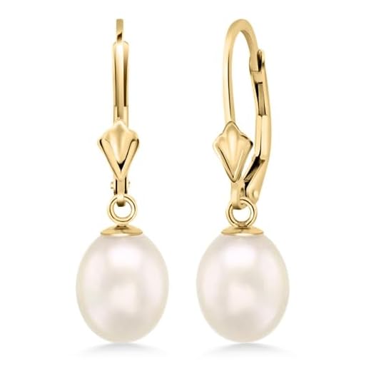 Gem Stone King 14K Yellow Gold 9MM Cultured Freshwater Pearl Dangle Earrings For Women