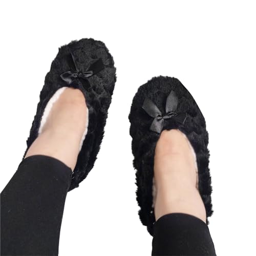 Generic Adult Warm Fuzzy Slippers Non-Slip Bottom Fleece Lined Shoes Indoor Home Floor Slipper Socks with Grippers, Bk, youth large / 11-13