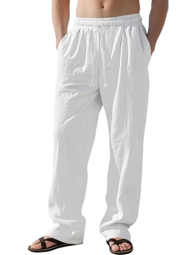 Men's Casual Linen Pants Loose Fit Drawstring Waist Lightweight Linen Trousers Summer Yoga Beach Long Pants