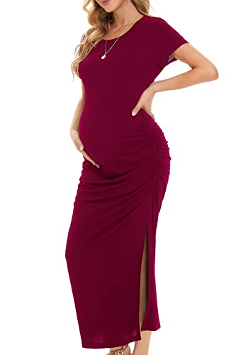 Smallshow Vestidos de Maternidad Mujer Larga Side Split Ropa premamá Wine S