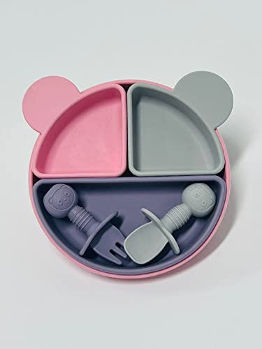 MIX COLOR SILICON BABY FEEDING SET, BABY EATING SUPPLIES, BABY LED WEANING SUPPLIES (Pink Grey Purple)