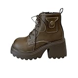 Bottines Femme Bout Rond Plateforme Chunky Bottes de à Plateforme Lacets Fermeture Éclair Semelle Antidérapante Cuir Synthétique Style Britannique Boots Automne Et Hiver 37