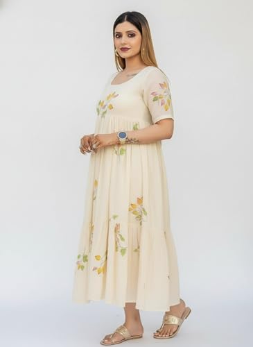 Image of Women's Cotton Printed Fit & Flare Midi Dress with Round Neck - Casual Wear Dress