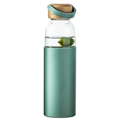 wangsdjy 21oz Borosilicate Glass Water Bottles with Silicone Non-Slip Sleeve & Leak-Proof Lid-Reusable Drink Bottle for Office,Travel,Gym,Hiking-BPA Free,Ideal Gift for Home,Car &Fitness (Green)