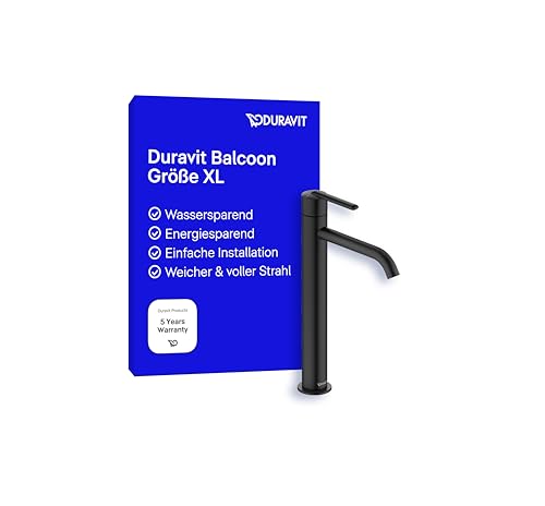 Duravit Balcoon Waschtischarmatur, Größe XL (Auslauf Höhe 153 mm), energiesparende Waschbecken Armatur (FreshStart), wassersparender Wasserhahn Bad (MinusFlow), Bad Armatur, Schwarz Matt
