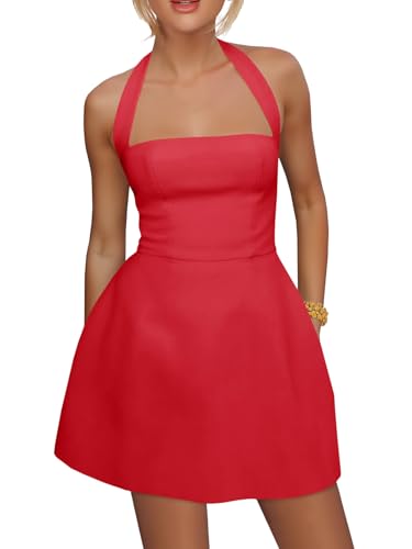 Image of Yousify Womens Sexy Halter Mini Dress Summer Backless Square Neck A Line Flared Club Party Dresses