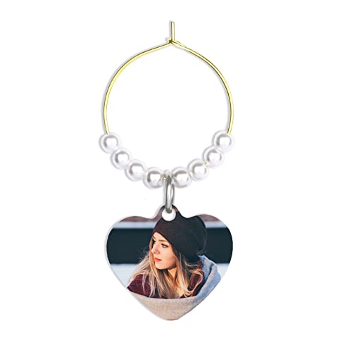 Personalized Custom Photo Heart Wine Charms for Stem Glasses Drink Marker Tag for Wedding Birthday (1 PACK)