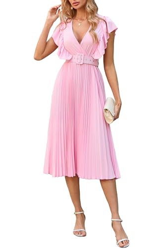 VERWIN Ruffle Sleeve Womens' Midi Dress Sleeveless Pleated Plain Belted Dress V Neck Casual Party Cocktail Evening Dress XXL Pink