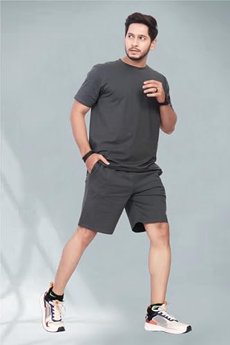 Image of HOODMASTER Men's Cotton Night Suit Set of Top & Knee Length Shorts with Round Neck Half Sleeves Solid Pattern Regular Fit and Standard Length | Mens Cotton Night Suit | T-Shirt and Shorts Sets