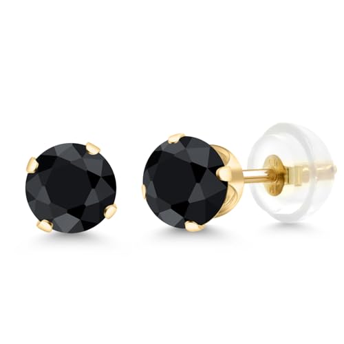 Gem Stone King 1.38 Cttw Round 5MM Black Sapphire 14K Yellow Gold Stud Earrings for Women