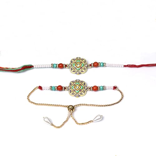 Image of Oblivion Rakhi Set for Brother and Bhabhi - Peacock with Feather Gift for Bhai & Lumba for Bhabhi with Silver Colour Coin and Greeting Card - Raksha Bandhan Combo