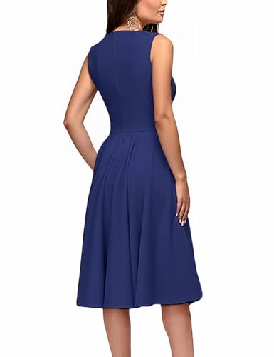 Image of FENJAR Women's Elegance Audrey Hepburn Style Ruched Dress Round Neck Sleeveless Swing Midi A-line Dresses (US, Alpha, Small, Regular, Regular, Blue)