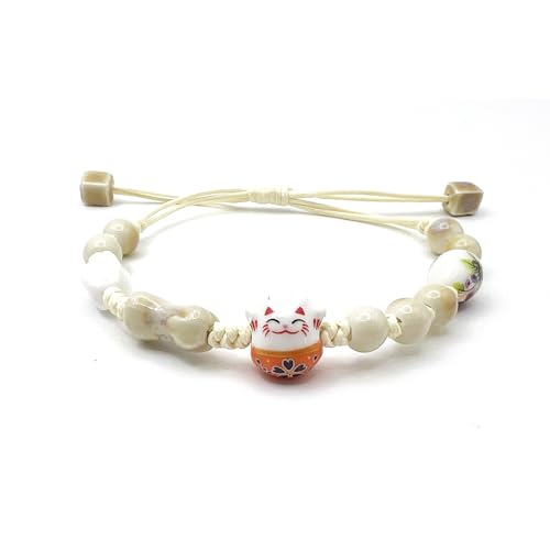 Handmade Braided Rope Ceramic Beads Cute Lucky Cat Bracelet, Cute Cat Bracelet, Maneki Neko Bracelet