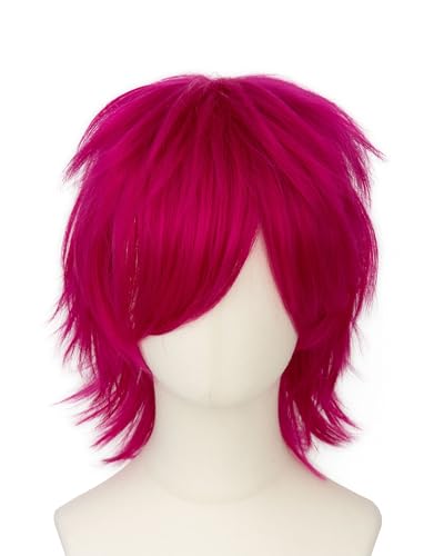 Image of Rose bud Anime Halloween Hot Pink Wig for Cosplay Party Synthetic Layered Short Hair Wigs with Fringe Pastel Funny Wigs for Women Men