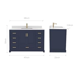 Maya 48 in Navy Blue Bathroom Vanity Set with White Quartz Countertop | Ceramic Sink | 2 Soft Closing Doors | 7 Full Extention Soft Close Drawers | Gold Hardware Maya 48 in Navy Blue Bathroom Vanity Set with White Quartz Countertop Ceramic Sink 2 Soft Closing Doors 7 Full Extention Soft Close Drawers Gold Hardware