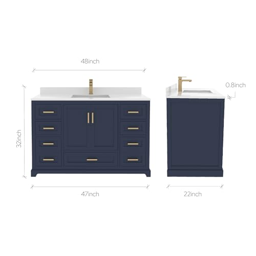 Maya-48-in-Navy-Blue-Bathroom-Vanity-Set-with-White-Quartz-Countertop-Ceramic-Sink-2-Soft-Closing-Doors-7-Full-Extention-Soft-Close-Drawers-Gold-Hardware Maya 48 in Navy Blue Bathroom Vanity Set with White Quartz Countertop Ceramic Sink 2 Soft Closing Doors 7 Full Extention Soft Close Drawers Gold Hardware