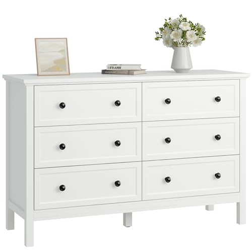 Image of CARPETNAL White Dresser for Bedroom, 6 Drawer Dresser with Wide Drawer and Metal Handles, Wood Dressers & Chests of Drawers for Hallway, Entryway.