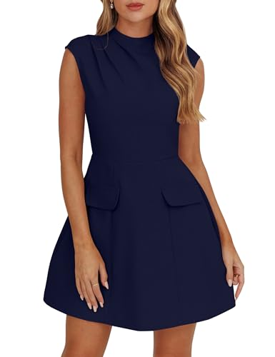 Image of YMDUCH Women's Summer Cap Sleeve Mock Neck Slim Fit A-line Mini Party Dress Navy