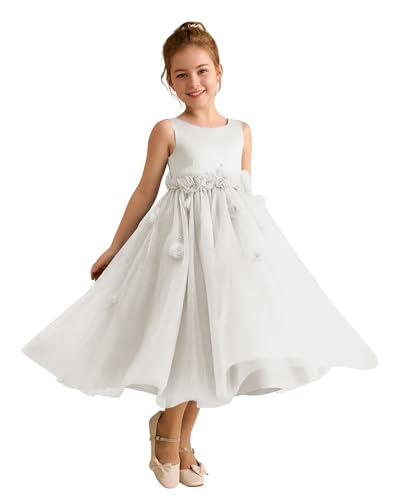Elegant 3D Flower Applique Flower Girl Dresses for Wedding Crewneck Tulle Satin Formal Party Midi Dress with Pearls