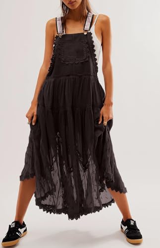 Image of CHARTOU Women Bib Overall Dress Jumper Babydoll Pinafore Dress Embroidered Lace Maternity Straps Suspender Dress