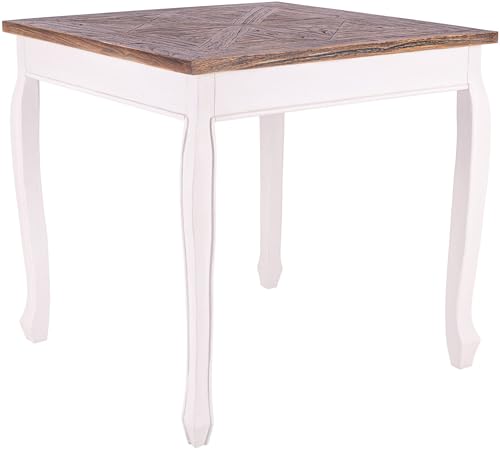 CLP Mesa de Comedor Cuadrada 80x80 cm Lindon, Mesa de Cocina Estilo Rustico, Tablero Cuadrado de Madera Maciza de Olmo, Patas Estilo Shabby Chic, Color:Blanco/marrón