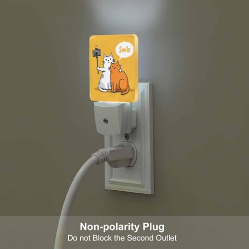 Image of LED Night Light,Two Cats Making Photo Use Selfie Stick LED Night Light Plug into Wall with Dusk to Dawn Light Sensor White Energy Efficient Nightlight for Bedroom Bathroom Hallway Living Room Kitchen