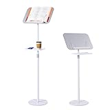 Atril para libros, altura regulable de 90 a 140 cm, con marco de metal y base estabilizadora, con clips y compartimento de almacenamiento para portátiles, libros de cocina, partituras, tablas de