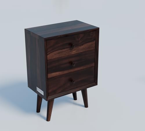 Image of Jangid Handicraft Solid Sheesham Wood Bedside Table for Bedroom | Wooden Bed Side Nightstand End Table with 3 Drawer Storage for Home & Living Room | Sofa Side Table | Rosewood, Walnut Finish