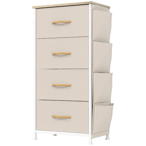 YITAHOME Comoda 4 Cajones,Cajonera de Tela con Bolsillos Laterales,Sinfonier,Robusta Estructura metálica,para Dormitorio, Salón, Pasillo,Beige