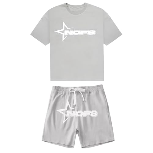 Herren NOFS Jogginganzug Buchstaben Druck Lose T-Shirt und Joggingshorts Sommer Hip Hop Streetwear Unisex Lässig Oberteile und Sportshorts 2-teilig Anzug Y2K Shorts Set Jogger Tracksuit Freizeitanzug