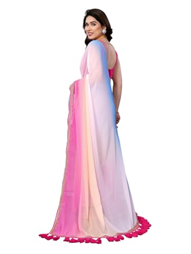 Image of RAJESHWAR FASHION WITH RF Women's Fancy Desian Ombre Georgette Saree For Women With Latkan Tassels Lace Border & Unstitched Blouse