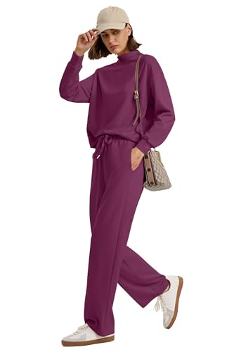 Image of WIHOLL Two Piece Sets for Women Fall Outfits Lounge Sets Mock Neck Tops Wide Leg Pants Vacation Travel Airport Outfits