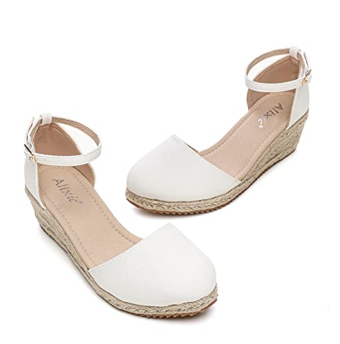 Image of Altxic Women's Closed Toe Canvas Ankle Strap Espadrilles Wedge Sandals White 7 US