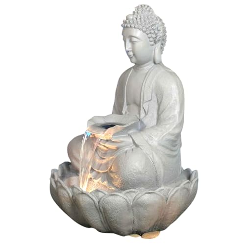 Image of 3 Feet Kamal Buddha Water Fountain for Home & Garden|Fiber Buddha Fountain with LED Light|Indoor Outdoor Fountain for Vastu & Positivity (Grey, 3 Feet Kamal Buddha Fountain)