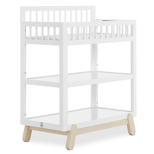 Image of Dream On Me Hygge Baby Nursery Changing Table, Elevated Safety Rails, Water-Resistant Changing Pad & Safety Belt, Spacious Storage Shelves, GREENGUARD Gold & JPMA Certified – Weathered Vintage Oak