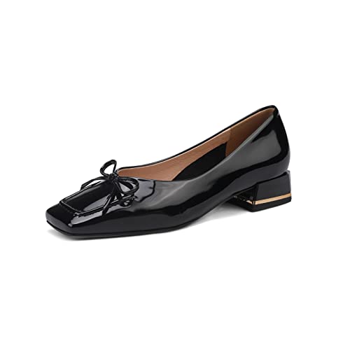 TinaCus Glossy Patent Leather Women's Handmade Classic Square Toe Block Heel Slip On Loafer Pumps with Bowknot